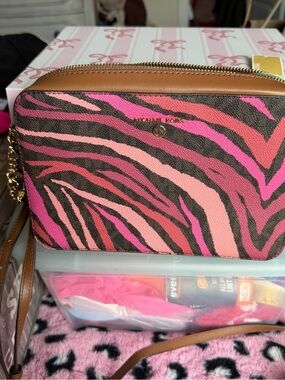 Michael Kors Pink Zebra-Print Crossbody with Tan Trim
